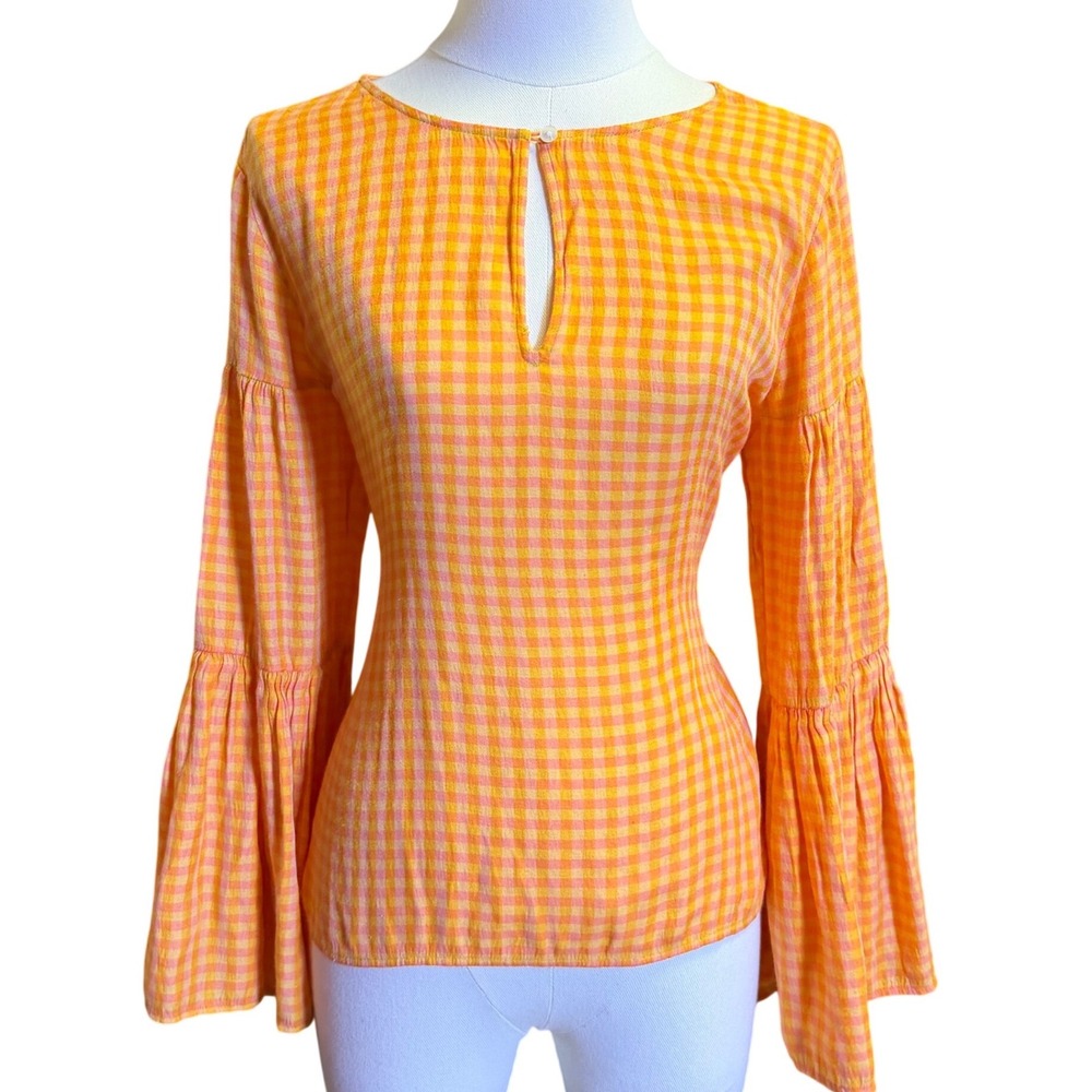 Ann Taylor Bell Sleeve Top Womens M Orange Gingham Good Keyhole Neck Blouse